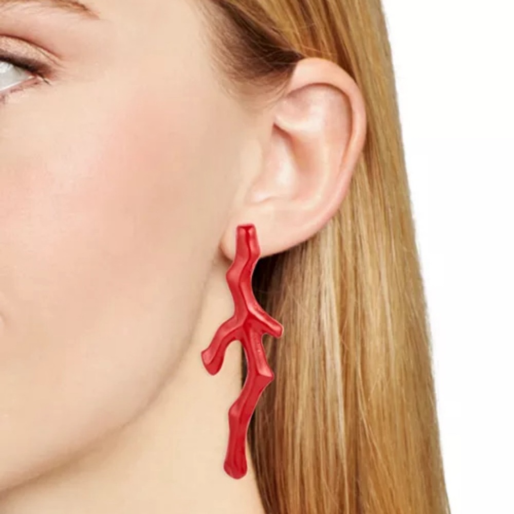 Cult Gaia Noemi Red Branch Drop Earrings. Amanita color. Coral Mismatched Design